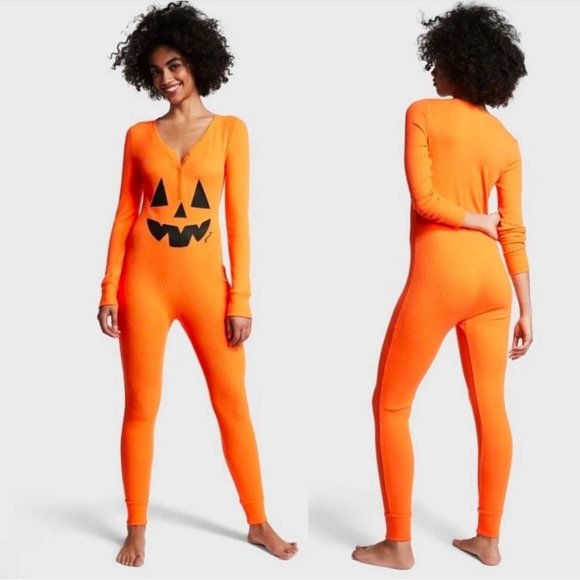 Victoria Secret PINK Thermal Sleep Onesie SIZE L Halloween Pumpkin ORANGE Pajama